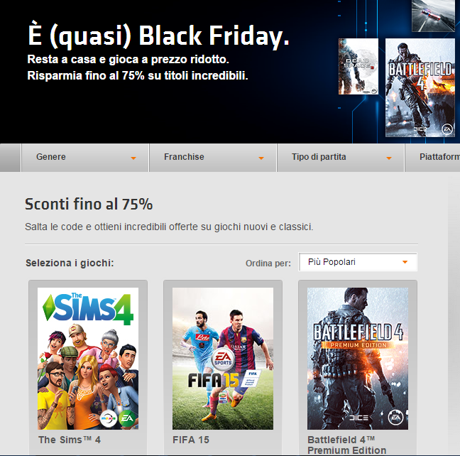 black friday venerdì nero origin ea com giochi sconti 75 per cento