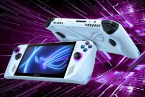 Asus Rog Ally su uno sfondo tech