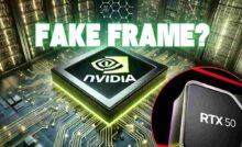 Processore NVIDIA su una scheda madre illuminata, con il testo "FAKE FRAME?" e un chip "RTX 50" nell'angolo
